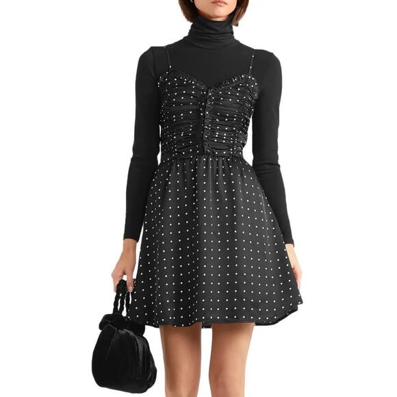 Maje Renota Black White Polka Dot Ruched Bodice Mini Dress 3 L - Picture 3 of 12